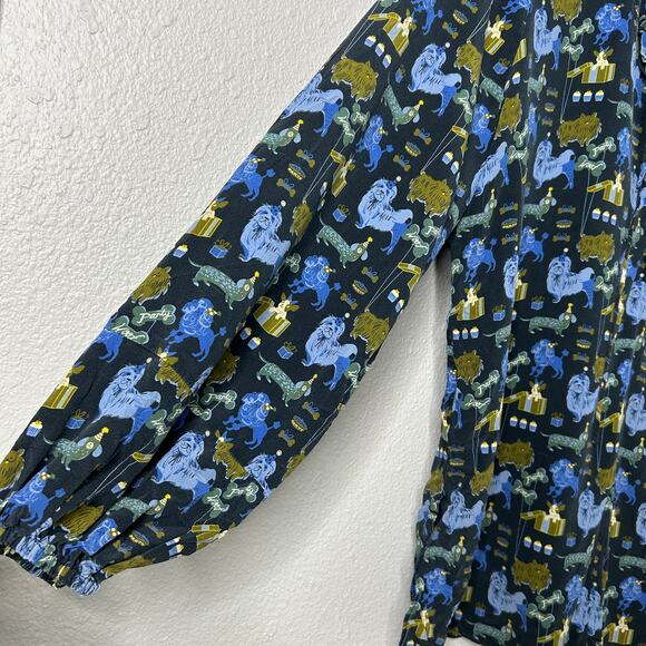 Tyler Boe Halprin Silk Whoof Dog Party Print Button Up Shirt Blue Green Large - Picture 6 of 11